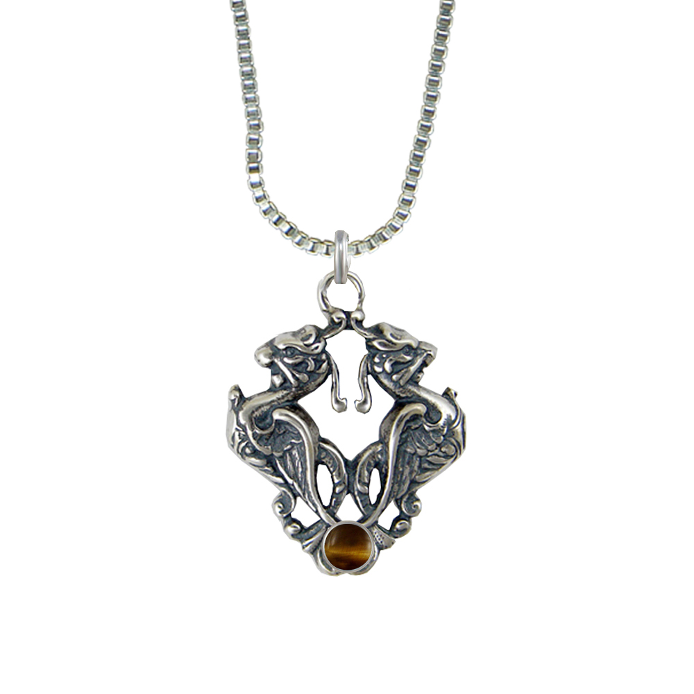 Sterling Silver Double Phoenix Crest Pendant With Tiger Eye
